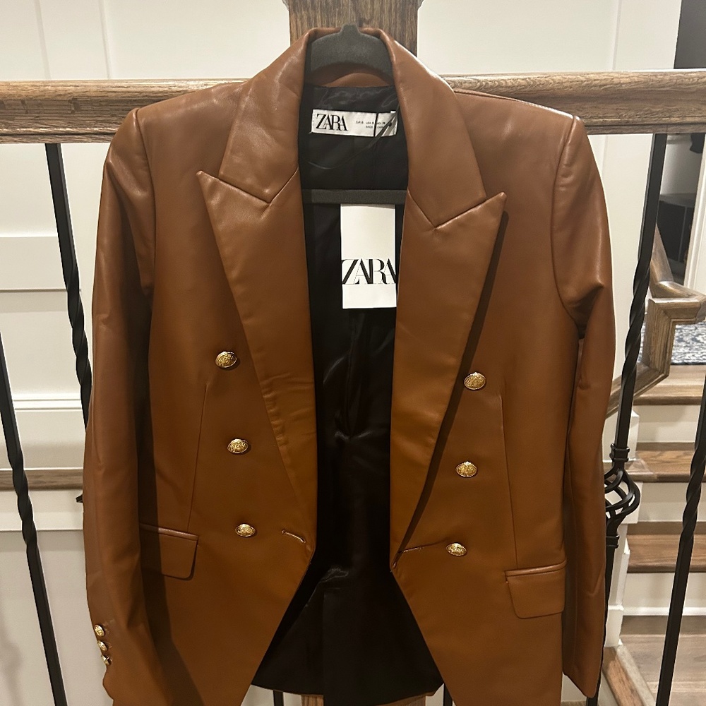 Zara Cognac Faux Leather Blazer Size Small